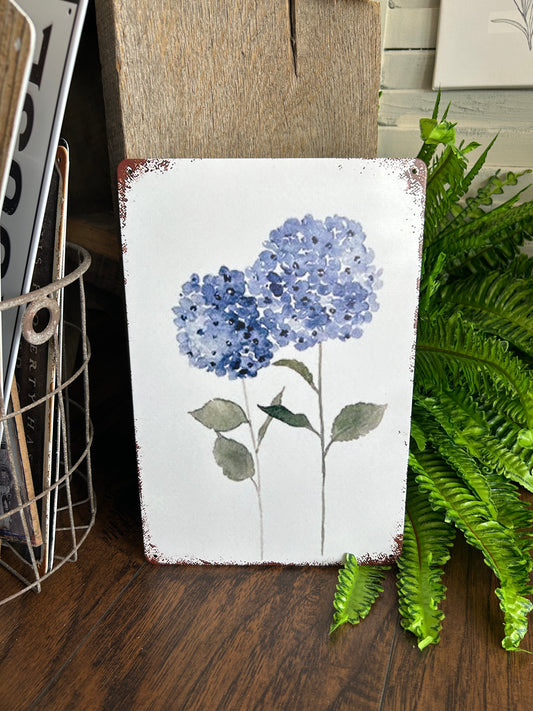 Blue hydrangea tin wall decor